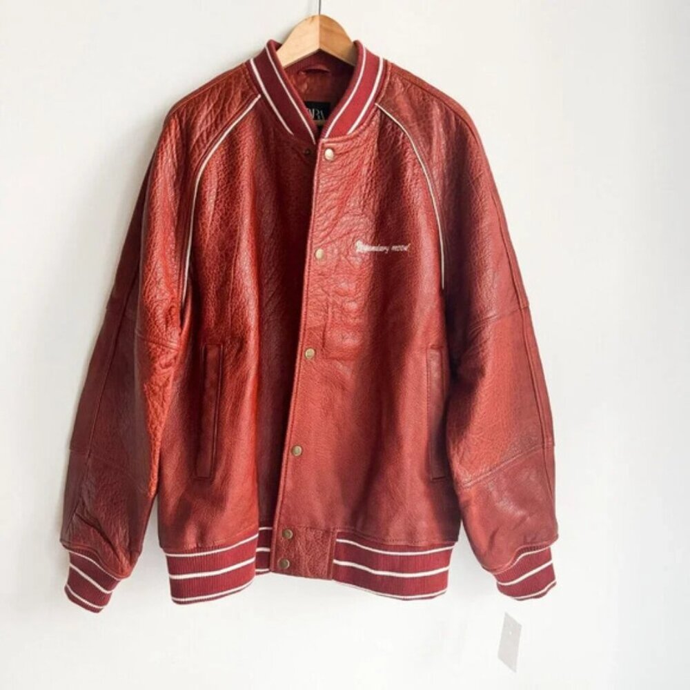 Zara Brown Buffalo Leather Embroidered Varsity Jacket L